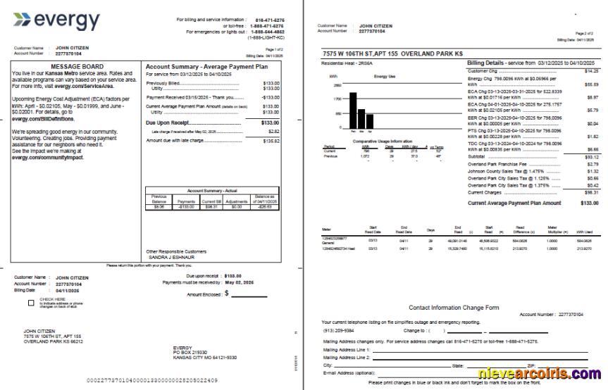 USA Evergy utility bill, 2 pages, version 2